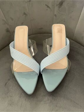 Light Blue Pointed Toe Women's Mules with Clear Strap
